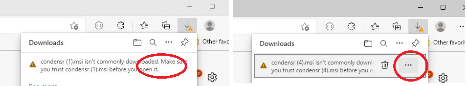 Two screenshots of download warnings "... isn't commonly downloaded", one without and one with the extra option.