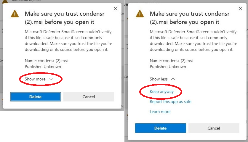 Screenshots of two download warnings, one with "Show more" and the other with "Keep anyway".
