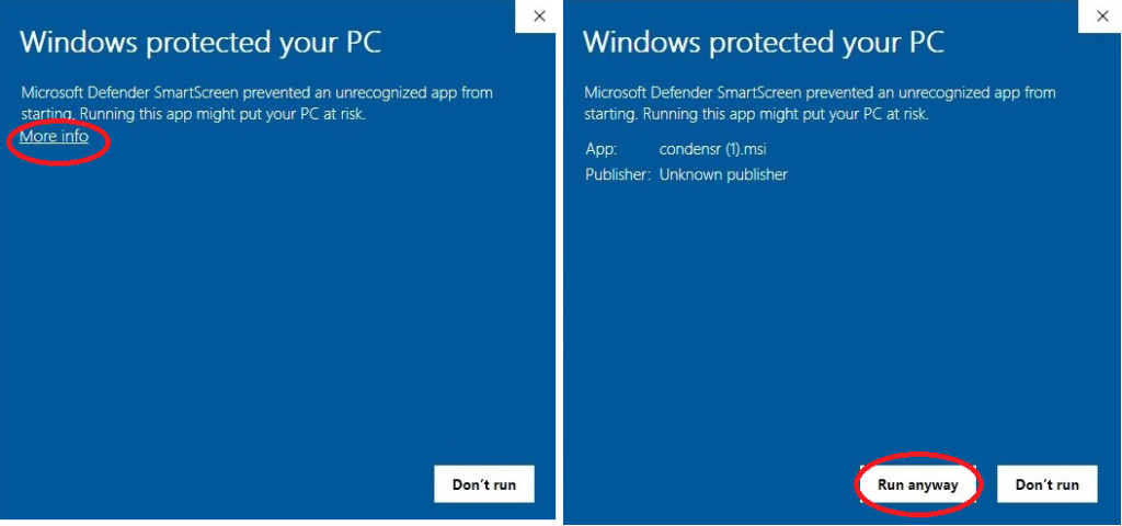 Screenshots of two blue warnings "Don't run", one with "more info", the other one with "Run anyway".