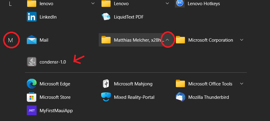 Screenshot of a clipping of "All apps" near the letter 'M', showing the app folder carrying my name and below this, the app icon "condensr-1.0"