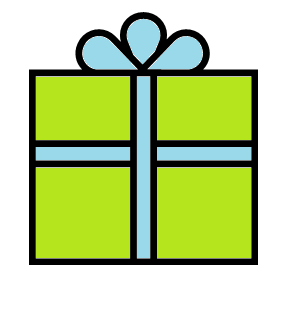 Pictogram of a gift package. The colors have no particular meaning, but the wrapping paper is green and the ribbon is light blue.