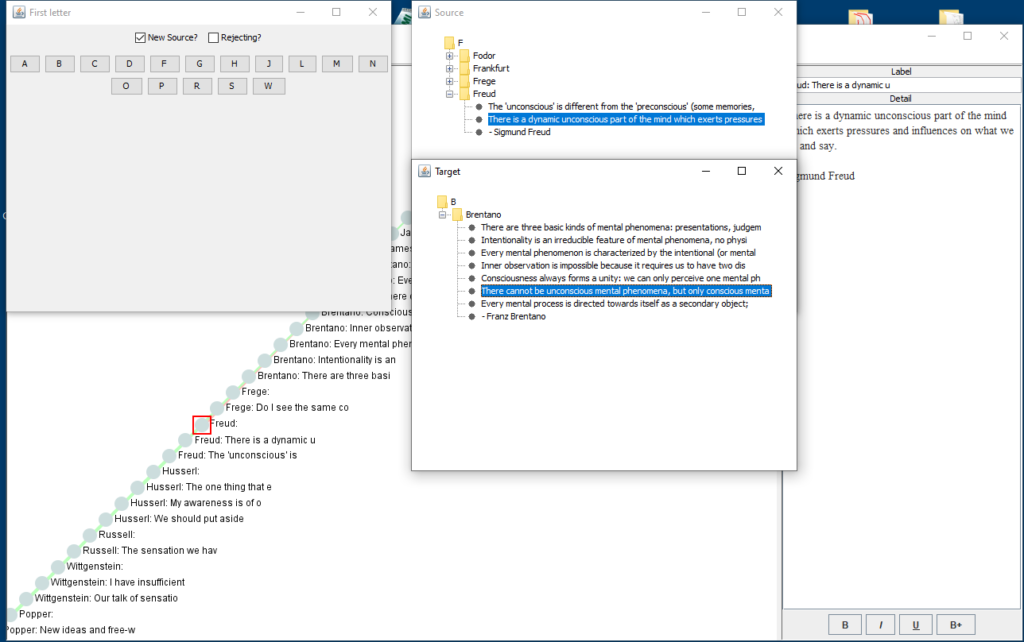 Screenshot of the Link from List function, with 3 dialog windows over the main window: First letter, Source, and Target.