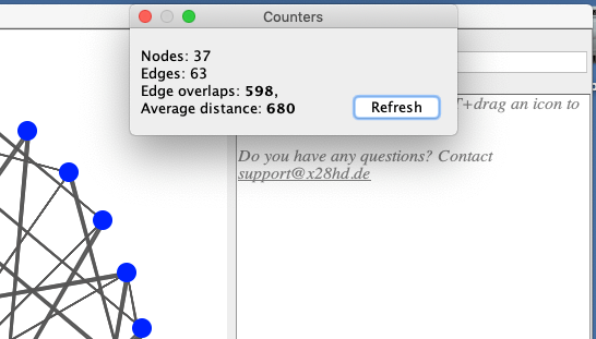 Screenshot of the function described in the text. An example window in the corner clipping of a map says "Nodes: 37, Edges: 63, Edge overlaps: 598, Average distance: 680"