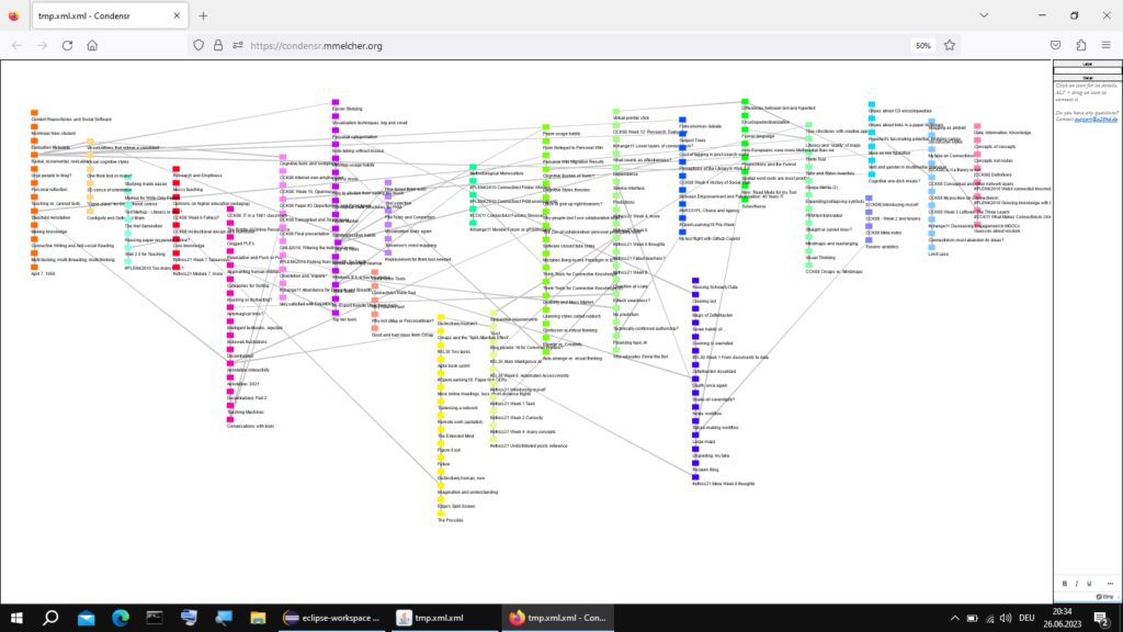 223 blog post titles, arranged in 22 columns of 22 distinct colors, and connected by lines if the respective posts were linked.